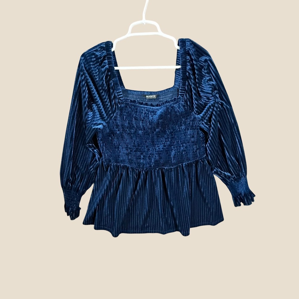 Bloomchic Blue Ribbed Velvet Smocked Peplum Top Square Neck Puff Sleeve 14-16